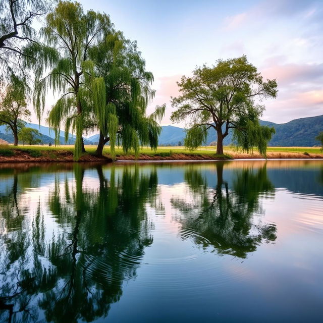 A serene natural landscape featuring tranquil water reflections