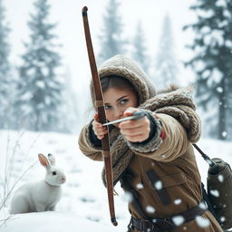 In a snowy landscape, a young female hunter in warm, detailed winter clothing is aiming her bow and arrow at a small, fluffy white rabbit