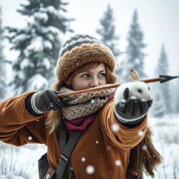 In a snowy landscape, a young female hunter in warm, detailed winter clothing is aiming her bow and arrow at a small, fluffy white rabbit