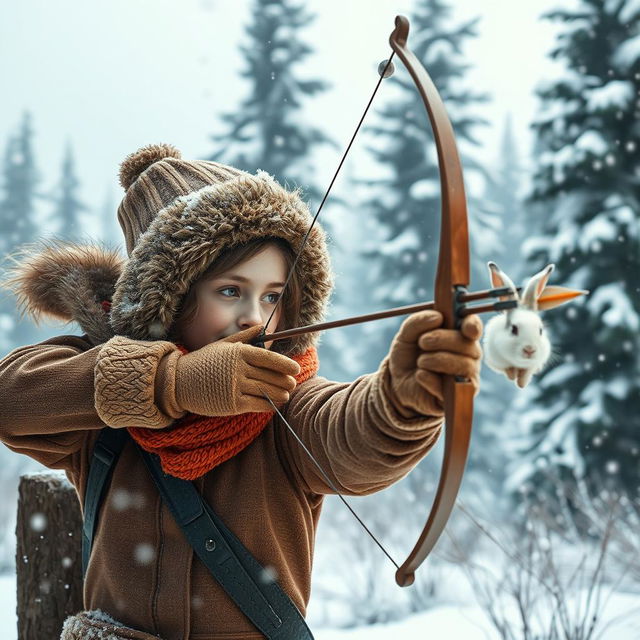 In a snowy landscape, a young female hunter in warm, detailed winter clothing is aiming her bow and arrow at a small, fluffy white rabbit