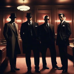 Elegant mafia members posing in a dimly lit speakeasy, wearing sharp designer suits and engaging in hushed conversations with a noir aesthetic