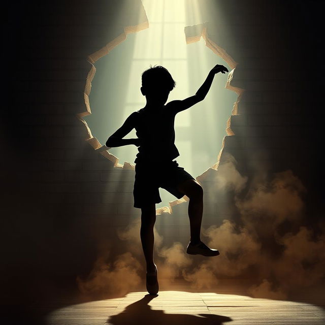 A movie poster featuring a broken brick wall as the backdrop, with a silhouette of a young boy dancing in front of it