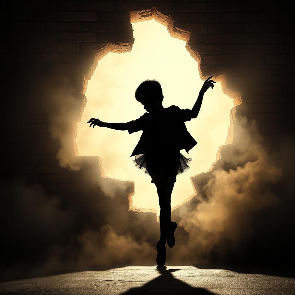 A movie poster featuring a broken brick wall as the backdrop, with a silhouette of a young boy dancing in front of it