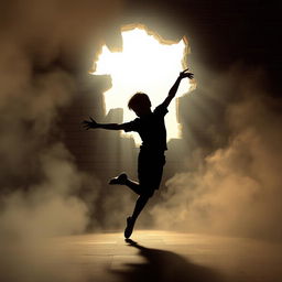 A movie poster featuring a broken brick wall as the backdrop, with a silhouette of a young boy dancing in front of it