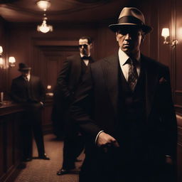 Elegant mafia members posing in a dimly lit speakeasy, wearing sharp designer suits and engaging in hushed conversations with a noir aesthetic