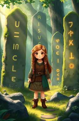 An adventurous Viking girl standing in a lush, green forest surrounded by mysterious rune stones, with a curious expression on her face