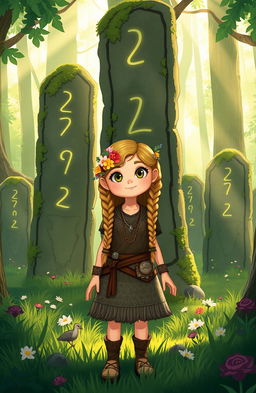 An adventurous Viking girl standing in a lush, green forest surrounded by mysterious rune stones, with a curious expression on her face