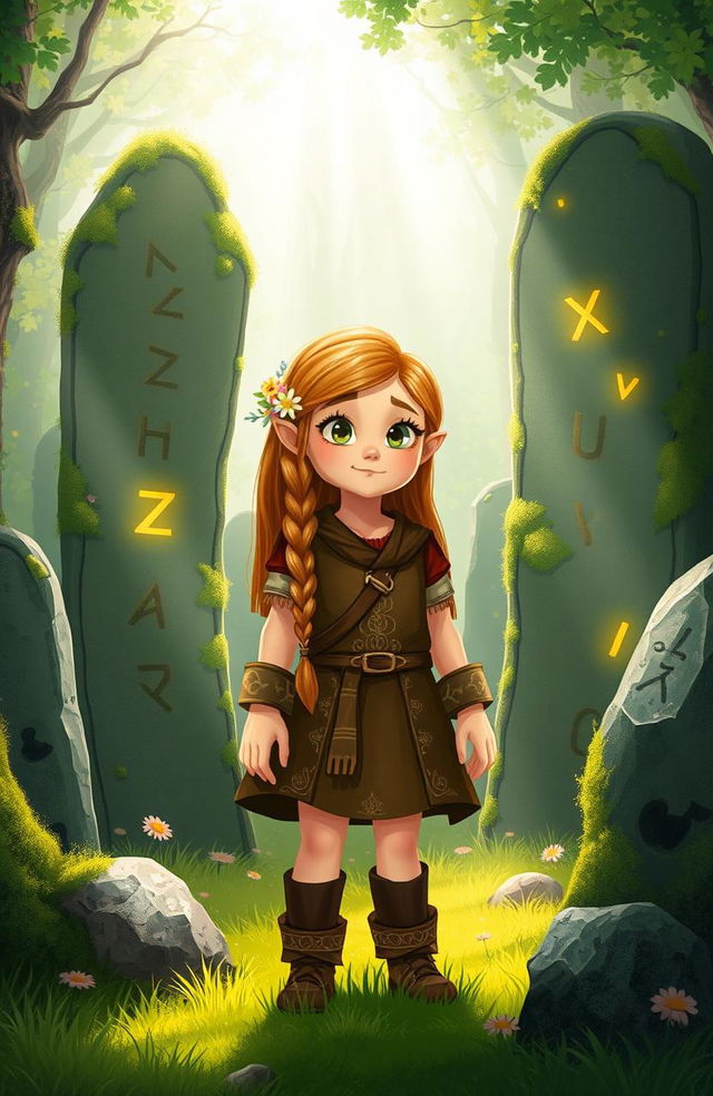 An adventurous Viking girl standing in a lush, green forest surrounded by mysterious rune stones, with a curious expression on her face