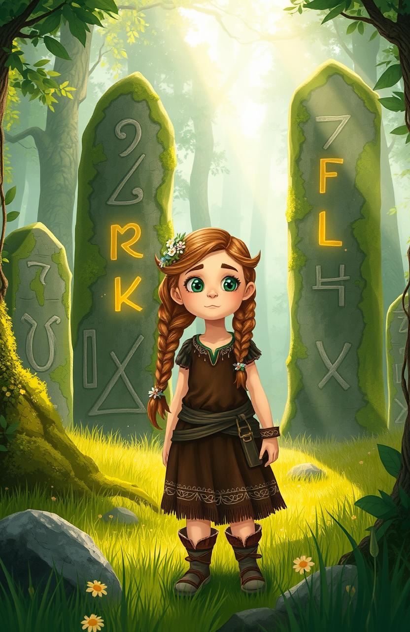 An adventurous Viking girl standing in a lush, green forest surrounded by mysterious rune stones, with a curious expression on her face