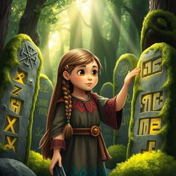 A brave Viking girl exploring a mystical forest filled with ancient rune stones