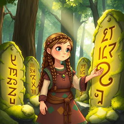 A brave Viking girl exploring a mystical forest filled with ancient rune stones
