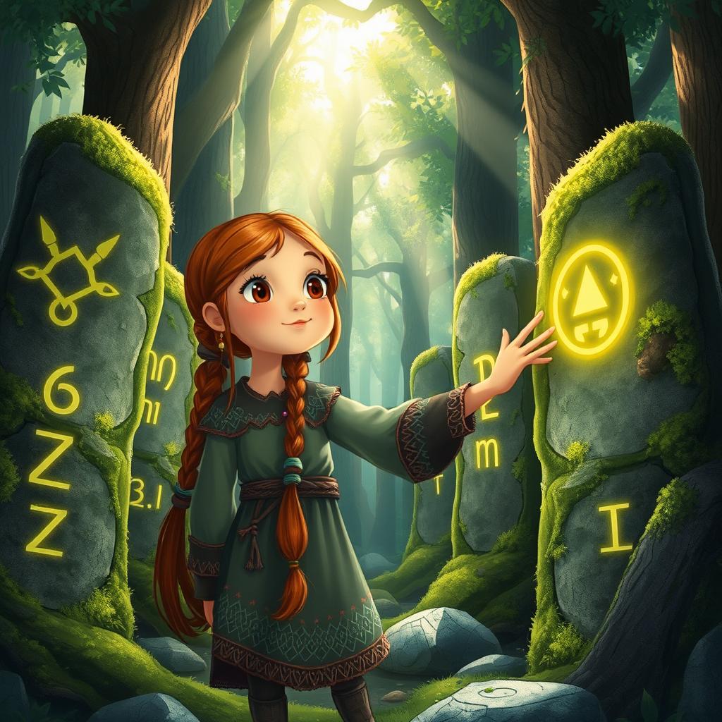 A brave Viking girl exploring a mystical forest filled with ancient rune stones