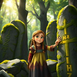 A brave Viking girl exploring a mystical forest filled with ancient rune stones