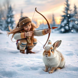 A young girl crouched in the snow, aiming a bow and arrow towards a small, adorable rabbit in the foreground