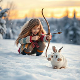 A young girl crouched in the snow, aiming a bow and arrow towards a small, adorable rabbit in the foreground