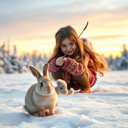 A young girl crouched in the snow, aiming a bow and arrow towards a small, adorable rabbit in the foreground