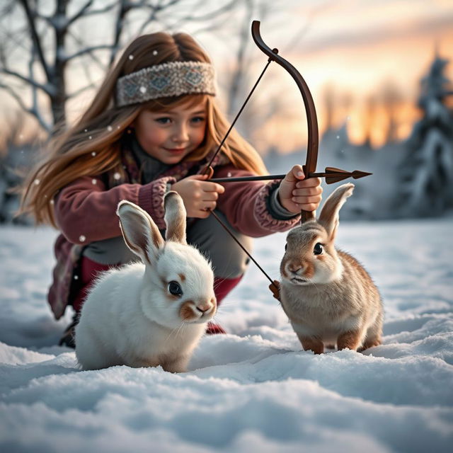 A young girl crouched in the snow, aiming a bow and arrow towards a small, adorable rabbit in the foreground