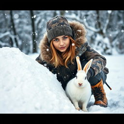 A young female hunter crouched behind a snowy mound, poised and ready to hunt a rabbit
