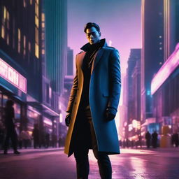 A solitary, cool sigma male character standing alone in a bustling city at dusk, exuding an aura of mystery and independence.