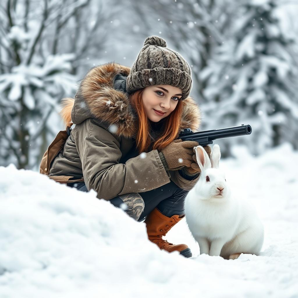 A young female hunter crouched behind a snowy mound, poised and ready to hunt a rabbit