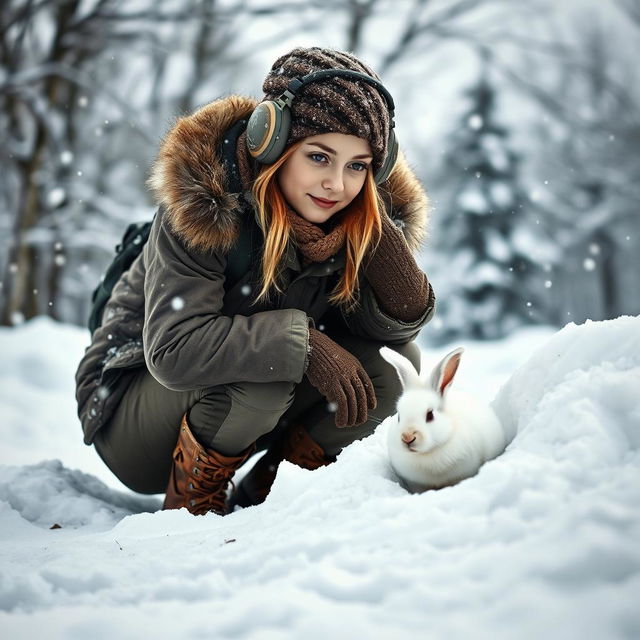 A young female hunter crouched behind a snowy mound, poised and ready to hunt a rabbit