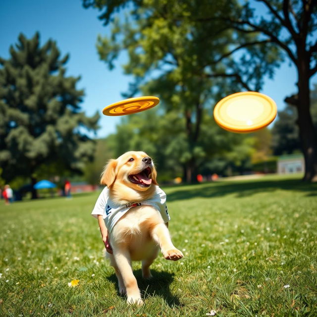 Lionel Messi, the famous football player, joyfully playing with a cute golden retriever dog in a sunny park