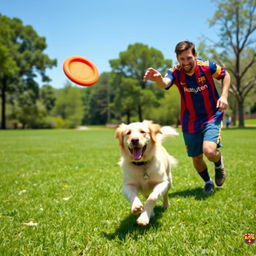 Lionel Messi, the famous football player, joyfully playing with a cute golden retriever dog in a sunny park