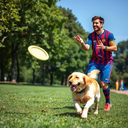 Lionel Messi, the famous football player, joyfully playing with a cute golden retriever dog in a sunny park