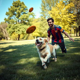 Lionel Messi, the famous football player, joyfully playing with a cute golden retriever dog in a sunny park