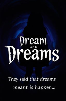 A silhouette of a girl standing with her back turned to the viewer, surrounded by a dark swirling vortex comprised of deep blues, purples, and blacks, creating a mysterious atmosphere
