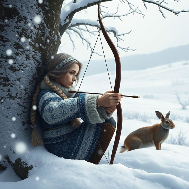 A Nordic girl crouched behind a snow-covered tree, aiming her bowstring towards a small rabbit in the distance