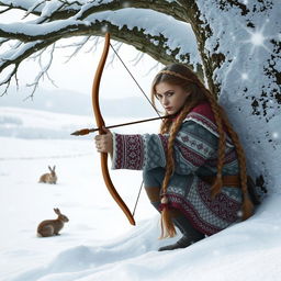 A Nordic girl crouched behind a snow-covered tree, aiming her bowstring towards a small rabbit in the distance