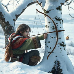 A Nordic girl crouched behind a snow-covered tree, aiming her bowstring towards a small rabbit in the distance