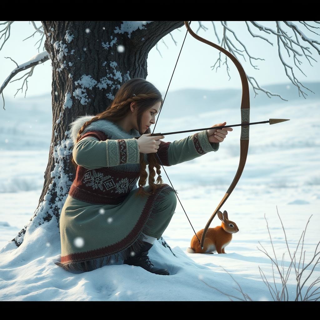 A Nordic girl crouched behind a snow-covered tree, aiming her bowstring towards a small rabbit in the distance