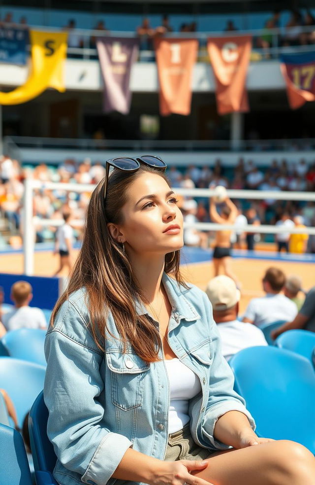 A woman sitting in the audience, quietly observing her boyfriend play volleyball on the court