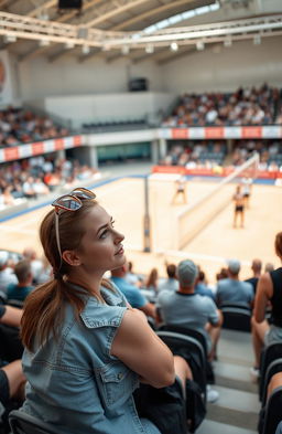 A woman sitting in the audience, quietly observing her boyfriend play volleyball on the court