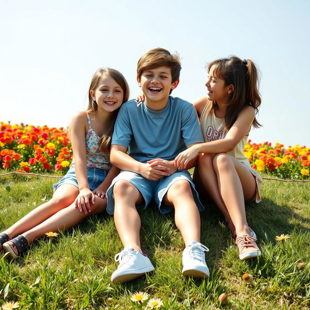 Three teenagers in a playful and innocent setting, sitting on a grassy field