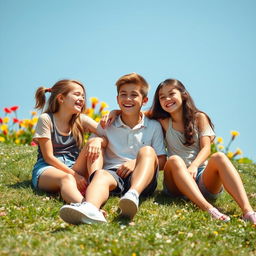 Three teenagers in a playful and innocent setting, sitting on a grassy field