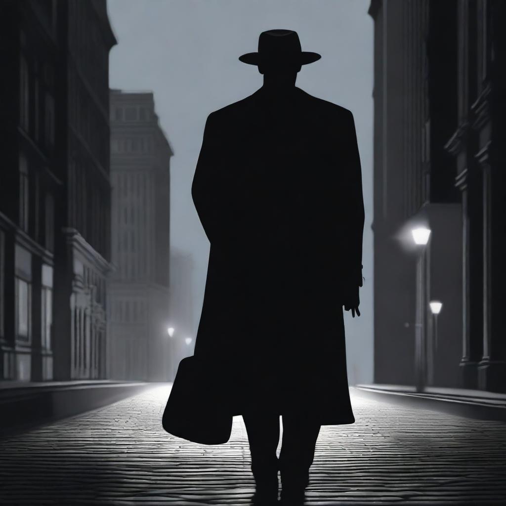 An enigmatic, solitary mafia member standing alone on a moonlit city street, casting a long shadow, his expression unreadable under his fedora hat