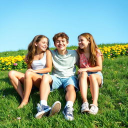 Three teenagers in a playful and innocent setting, sitting on a grassy field