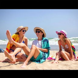 A group of three teenagers enjoying a sunny day at a beach, playfully sitting on a boy's legs in the sand