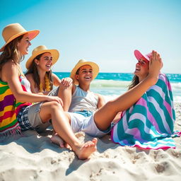 A group of three teenagers enjoying a sunny day at a beach, playfully sitting on a boy's legs in the sand