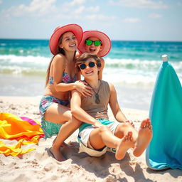A group of three teenagers enjoying a sunny day at a beach, playfully sitting on a boy's legs in the sand