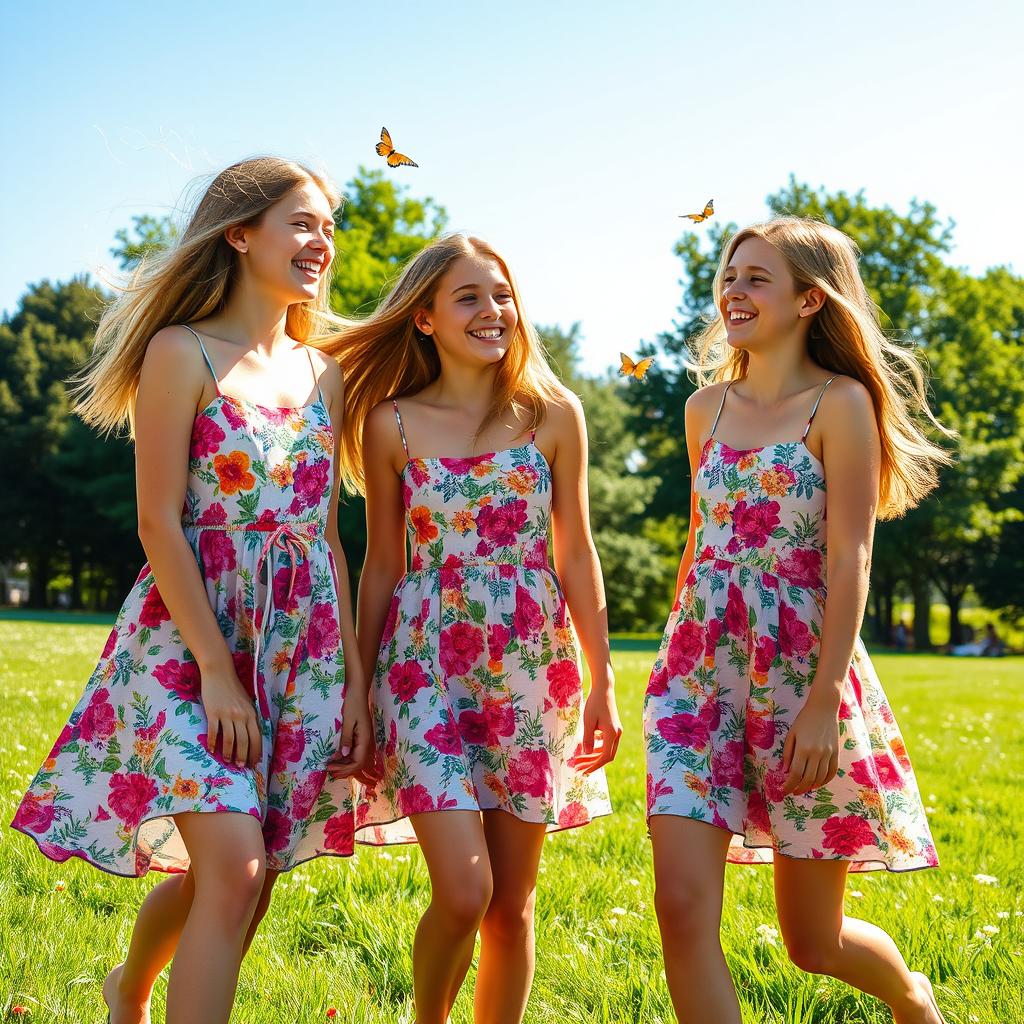 Three teenage girls happily enjoying a carefree summer day at a park
