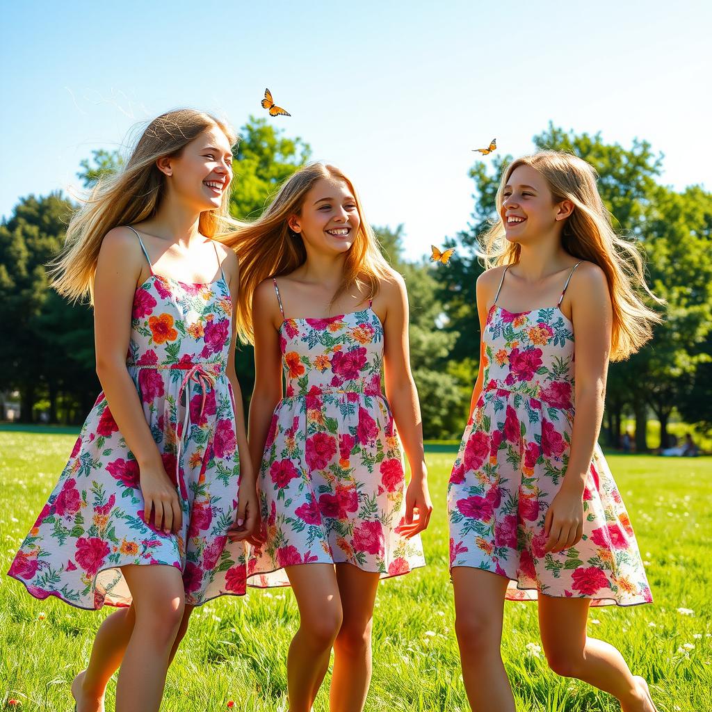 Three teenage girls happily enjoying a carefree summer day at a park