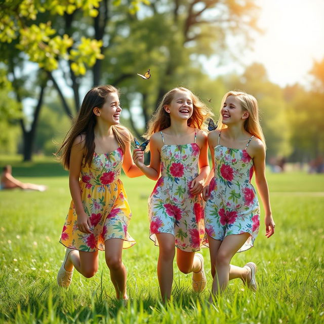 Three teenage girls happily enjoying a carefree summer day at a park