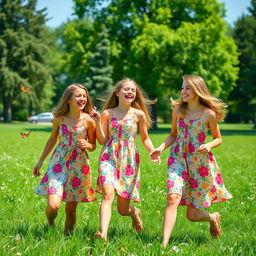Three teenage girls happily enjoying a carefree summer day at a park
