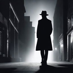 An enigmatic, solitary mafia member standing alone on a moonlit city street, casting a long shadow, his expression unreadable under his fedora hat