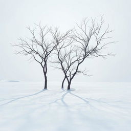 A serene winter landscape featuring several dry trees standing prominently among a blanket of soft, white snow