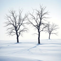 A serene winter landscape featuring several dry trees standing prominently among a blanket of soft, white snow